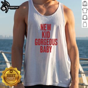 Premium John Mulaney New Kid Gorgeous Baby Red Text Tank top featuring vibrant red lettering on a soft fabric.