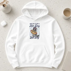 Original Bad Day To Be A Hot Dog Hoodie in charcoal gray, featuring a bold graphic on the front