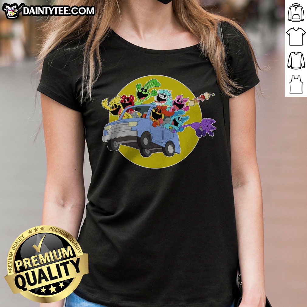 cute-poppy-playtime-smiling-critters-drive-car-ladies-shirt Cute Poppy Playtime Smiling Critters Drive Car Ladies Shirt featuring colorful cartoon characters on a comfortable fitted tee