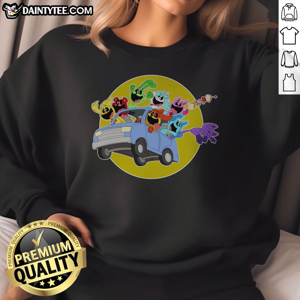 cute-poppy-playtime-smiling-critters-drive-car-sweatshirt Cute Poppy Playtime Smiling Critters Drive Car Sweatshirt in soft fabric with colorful character print