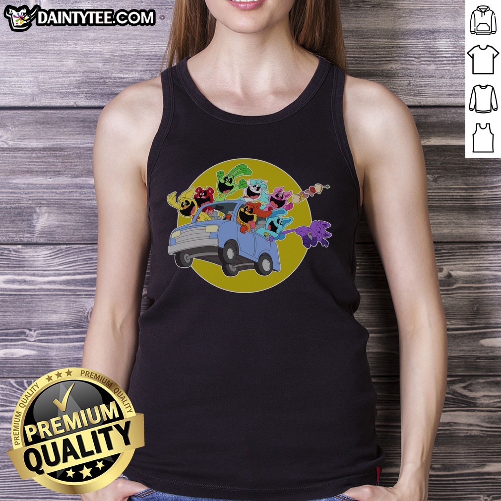 cute-poppy-playtime-smiling-critters-drive-car-tank-top Cute Poppy Playtime Smiling Critters Drive Car Tank top featuring colorful cartoon characters on a sleeveless shirt