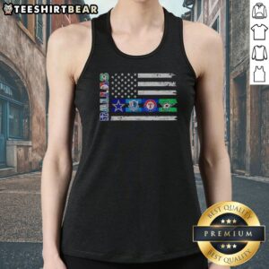 Funny Dallas Sport Teams Dallas Cowboys Mavericks Rangers Stars Flag Logos Tank top featuring team logos on a vibrant background
