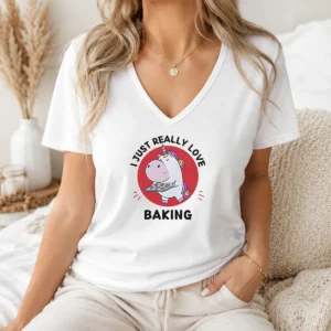 Funny Unicorn Holding Baking Tray I Just Really Love Baking V-Neck Shirt