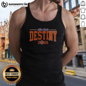 Top New York Knicks Destiny 2026 Bold Arch Championship Basketball Text Tank Top in white with bold blue and orange lettering