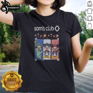 Hot Sam'S Club Mickey Mouse Patriotic Characters Fireworks Ladies shirt featuring vibrant red, white, and blue design with fireworks