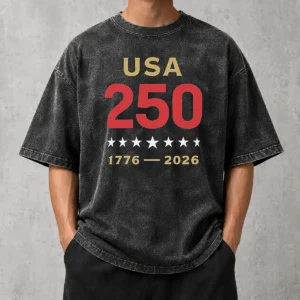Pretty USA 250 1776 2026 Patriotic American Independence Anniversary washed t shirt in faded blue with vintage style print