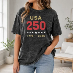 Official USA 250 1776 2026 Patriotic American Independence Anniversary Washed T Shirt in vintage style with faded colors