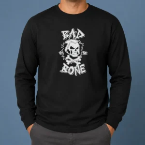Premium Bad To The Bone Skull Skeleton Long Sleeve Shirt featuring detailed skull and skeleton graphic on a comfortable long sleeve garment