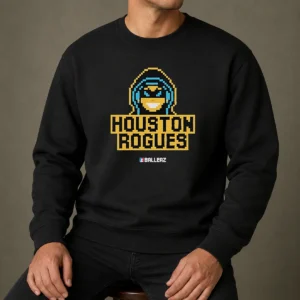 Hot Houston Rogues Ballerz Pixel Art Gaming Sweater in vibrant colors with pixel art design on a cozy crewneck sweater