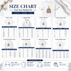 Size chart for Original Tweety Bird Just Once I'D Like To Read A Medication Label Warning with measurements in inches and cm