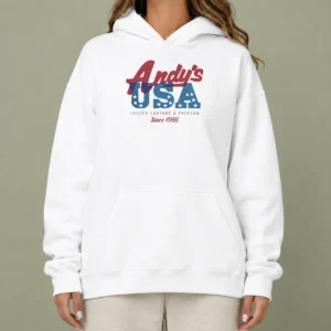 Official Andys USA Frozen Custard And Freedom Since 1986 Hoodie in navy blue with front pocket and drawstring hood