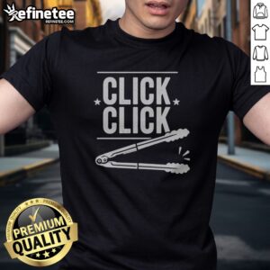 Official Click Click Barbecue Tongs Meme t shirt featuring a humorous barbecue design