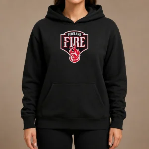 Premium Portland Fire Logo Hoodie in charcoal gray with front pouch pocket and adjustable drawstring hood