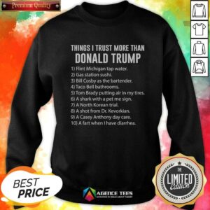 Nice Things I Trust More Than Donald Trump Flint Michigan Tap Water Gas Station Sushi sweatshirt optimized for showcasing style