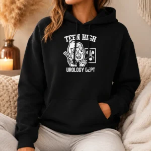 Pretty Teen High Urology Dept Cartoon Doctor Hoodie in black, featuring a colorful cartoon doctor graphic on front
