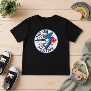 Hot Tryna Stay Positive Mordecai Regular Show Blue Jays Baseball Logo Parody Kids T Shirt in blue color, short sleeve cotton tee