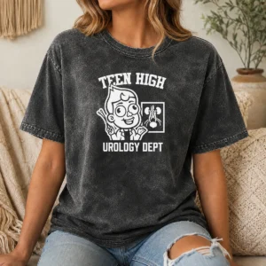 Pretty Teen High Urology Dept Cartoon Doctor on a soft washed t shirt in light color, front view