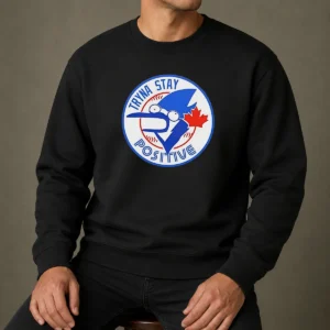 Pretty Tryna Stay Positive Blue Jay Baseball Logo Sweater in blue with long sleeves and crew neck