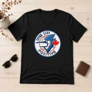 Hot Tryna Stay Positive Mordecai Regular Show Blue Jays Baseball Logo Parody V Neck Shirt in blue with short sleeves