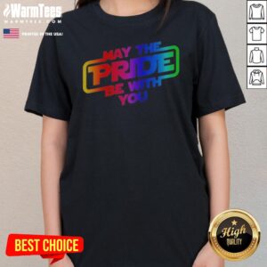 Funny Star Wars May The Pride Be With You LGBTQ Pride Rainbow Graphic ladies tee featuring a vibrant rainbow design.