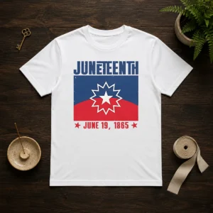 Pretty Juneteenth Red White Blue Freedom Flag 1865 Emancipation Day t shirt in classic fit with patriotic colors