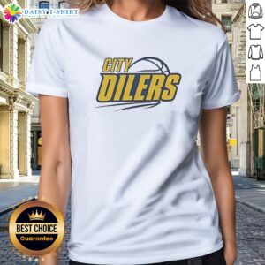 Original City Oilers Basketball Logo Design For Sports Fan Apparel T Shirt For The Team Shirt displayed on a hanger