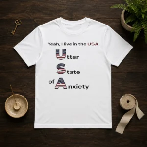 Official Yeah I Live In The USA Utter State Of Anxiety t shirt in classic unisex crew neck style, displayed on a white background
