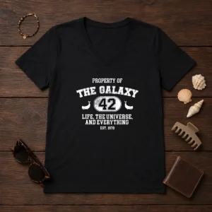 Original Property Of The Galaxy 42 Life The Universe And Everything Est 1979 V Neck Shirt in dark color with white text design