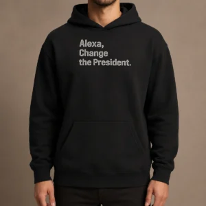 Official Alexa Change The President Hoodie in black with front graphic and adjustable hood