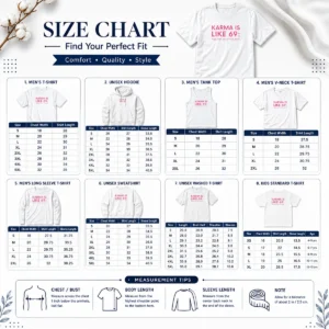 Size chart for Official Karma Is Like 69 You Get What You Give with measurements in inches and cm