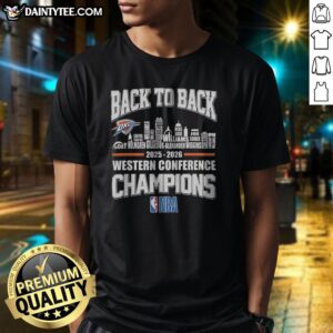 Official Oklahoma City Thunder Merch West Conference Champions Back To Back 2026 City Skyline Shirt showcasing vibrant team colors.