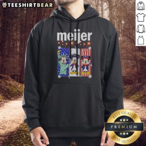 Premium Meijer Mickey Mouse As Statue Of Liberty And Uncle Sam Patriotic Hoodie in navy blue, front view with bold graphic print