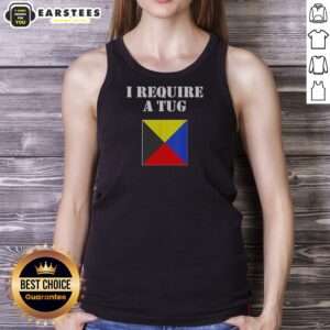 Good I Require A Tug tank top in white, sleeveless casual wear with bold text design on front