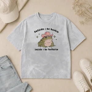 Top Cowboy Frog Outside I Be Hootin Inside I Be Hollerin Washed T-Shirt