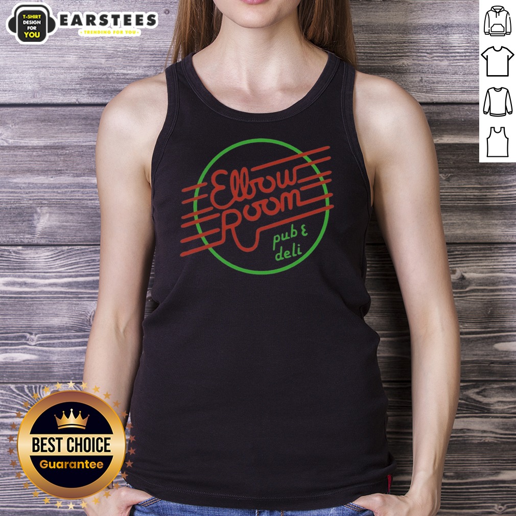 funny-elbow-room-pub-and-deli-graphic-logo-tank-top Funny Elbow Room Pub And Deli Graphic Logo tank top featuring a humorous design perfect for casual wear.