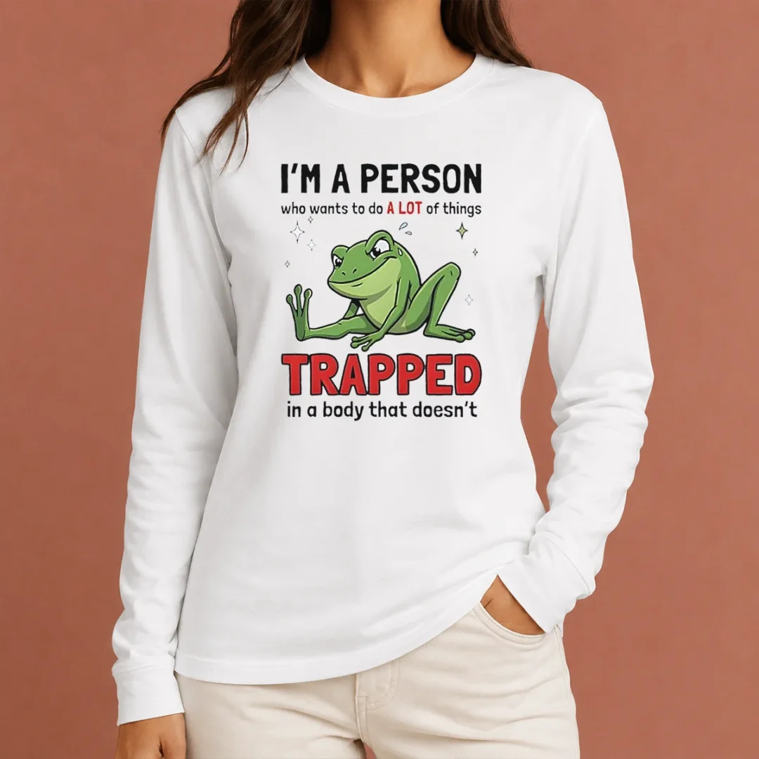 funny-frog-i-m-a-person-who-wants-to-do-a-lot-of-things-trapped-in-a-body-that-doesn-t-shi-long-sleeve-shirt Funny Frog I'M A Person WHO Wants To Do A Lot Of Things Trapped In A Body That Doesn'T Shi long sleeve shirt in green, front view