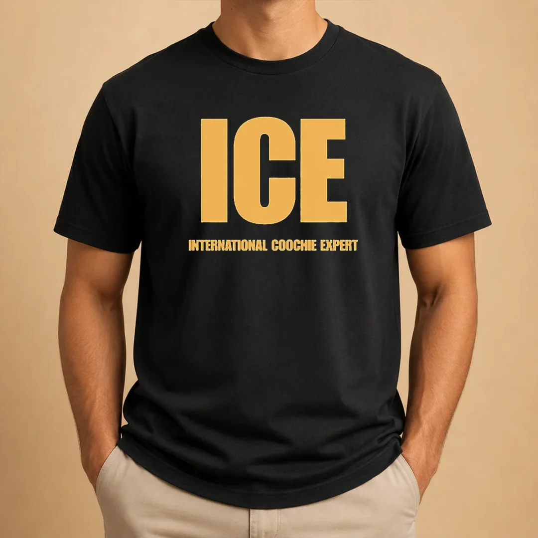 funny-ice-international-coochie-expert-t-shirt Funny ICE International Coochie Expert t shirt in classic fit, featuring bold white text on black fabric