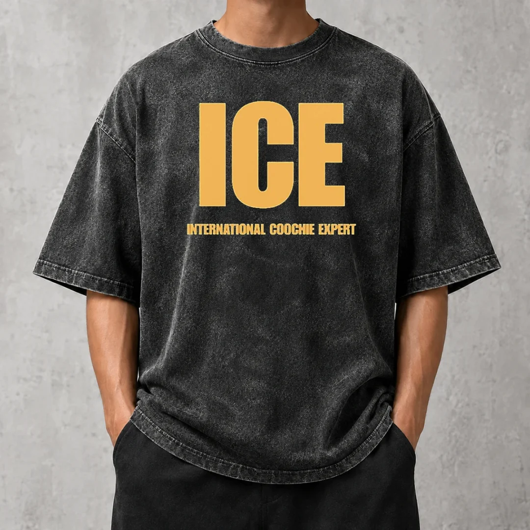 funny-ice-international-coochie-expert-washed-t-shirt Funny ICE International Coochie Expert printed on a soft washed t shirt in light gray