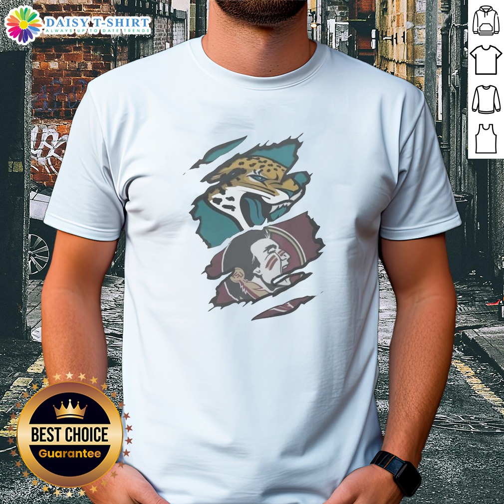 funny-jacksonville-jaguars-florida-state-seminoles-team-logo-shirt Funny Jacksonville Jaguars Florida State Seminoles Team Logo Shirt displayed on a hanger, perfect for fans.