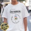 Funny Just A West Virginia Girl Living In A Rhode Island World shirt in white, featuring bold black text on a crew neck tee