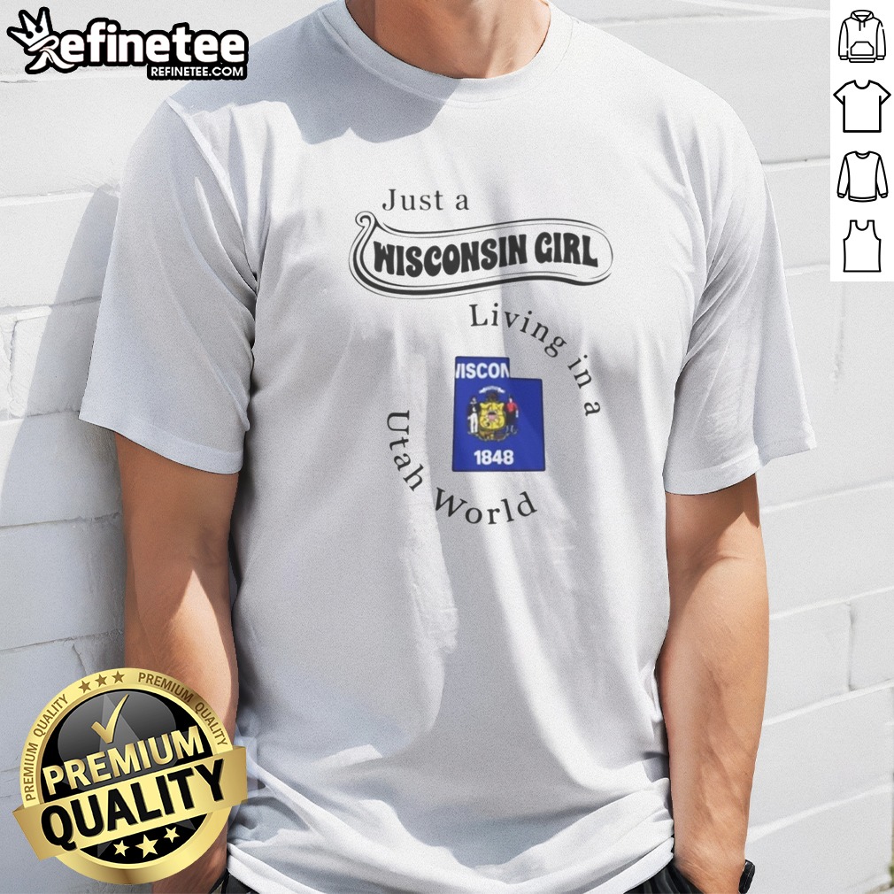 funny-just-a-wisconsin-girl-living-in-a-utah-world-wisconsin-utah-map-t-shirt Funny Just A Wisconsin Girl Living In A Utah World Wisconsin Utah Map t shirt featuring state outlines on a casual tee