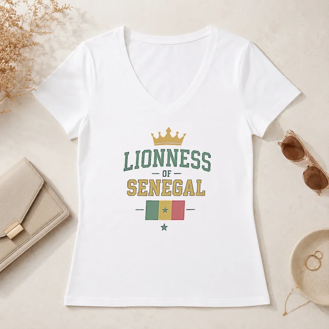 Funny Lioness Of Senegal Flag And Crown National V Neck Shirt Funny Lioness Of Senegal Flag And Crown National V Neck Shirt showing vibrant colors and clear print on soft fabric