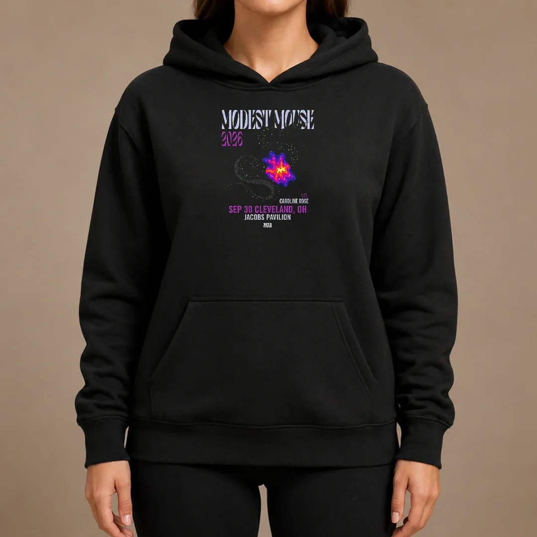 Funny Modest Mouse House Of Blues Anaheim CA Oct 21 2026 Poster Hoodie Funny Modest Mouse House Of Blues Anaheim CA Oct 21 2026 Poster printed on a black pullover hoodie with front pocket and drawstrings