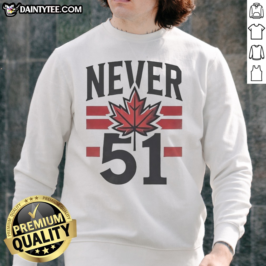 funny-never-51st-state-canada-flag-sweatshirt Funny Never 51st State Canada Flag Sweatshirt showcasing a unique design for proud Canadians.