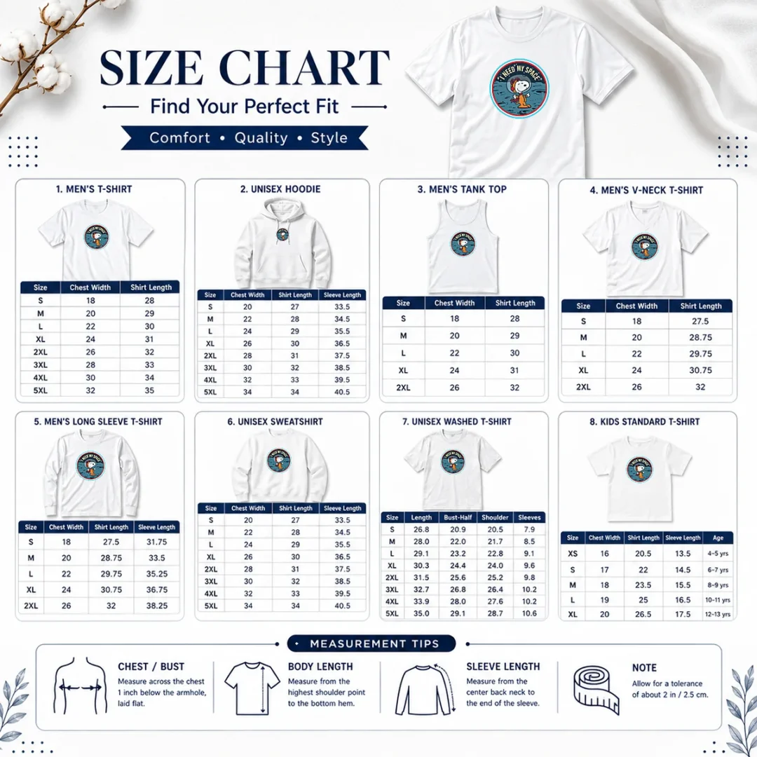 funny-peanuts-snoopy-on-the-moon-i-need-my-space-mens-size-chart Size chart for Funny Peanuts Snoopy On The Moon I Need My Space Mens with measurements in inches and cm