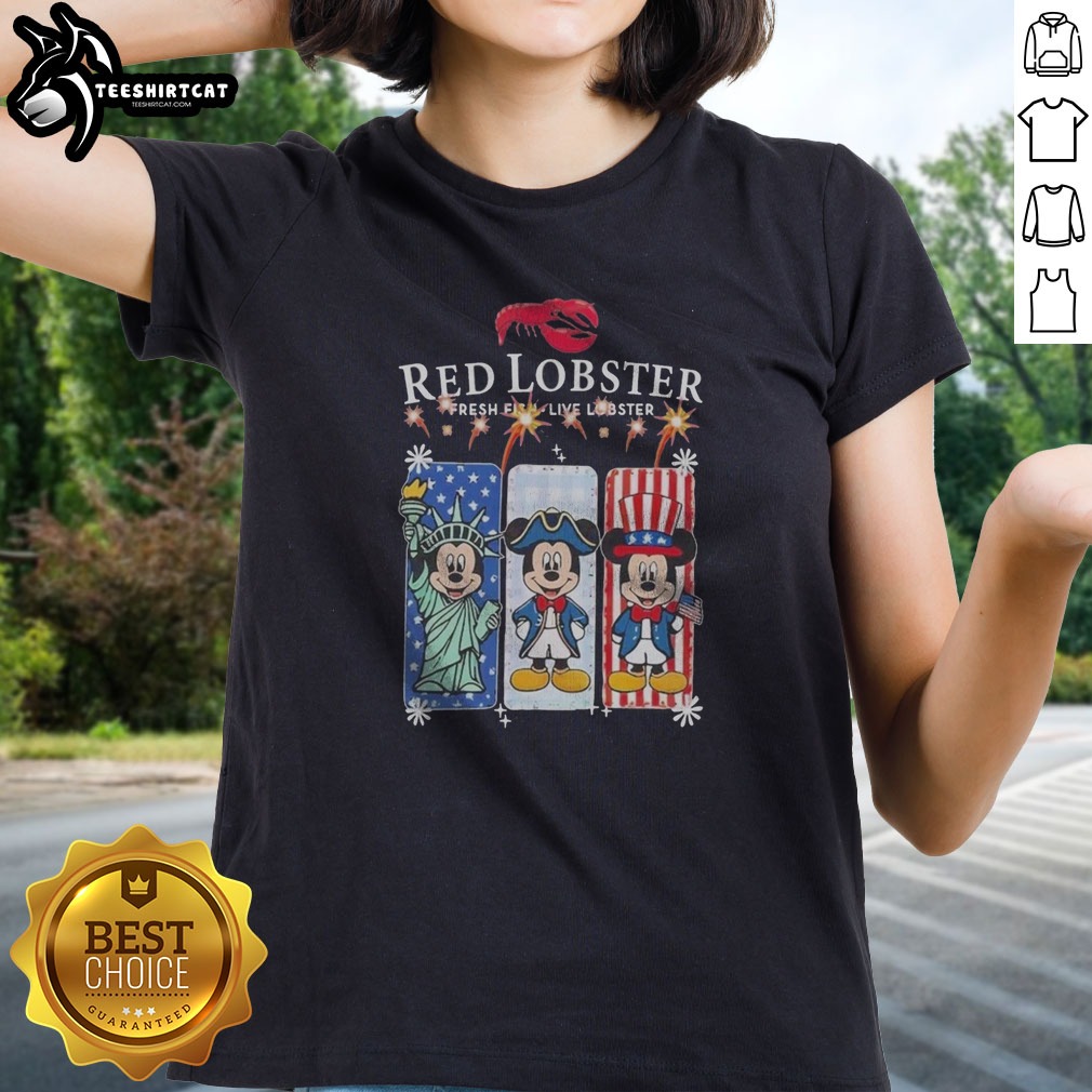 funny-red-lobster-fresh-fish-live-lobster-mickey-mouse-usa-ladies-shirt Funny Red Lobster Fresh Fish Live Lobster Mickey Mouse USA Ladies shirt in red with playful graphic