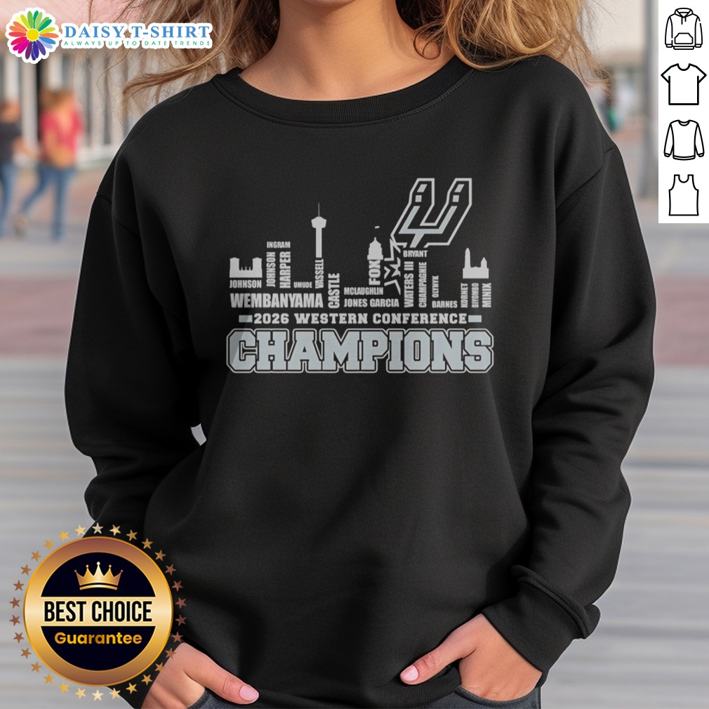 funny-san-antonio-spurs-2026-western-conference-champions-wembanyama-vassell-castle-sweashirt Funny San Antonio Spurs 2026 Western Conference Champions Wembanyama Vassell Castle Sweashirt displayed on a hanger