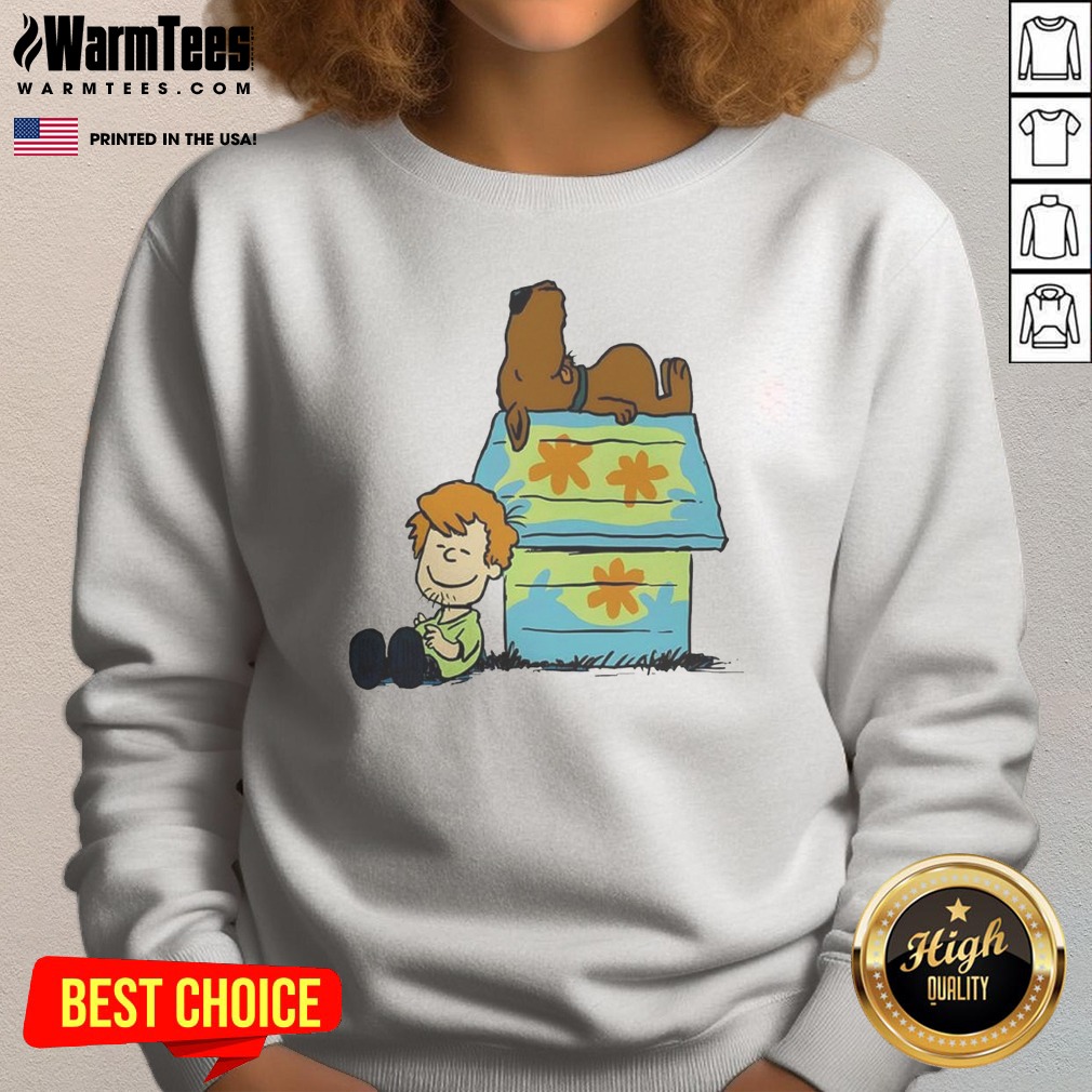 funny-shaggy-rogers-scooby-doo-peanuts-crossover-mystery-machine-doghouse-sweatshirt Funny Shaggy Rogers Scooby Doo Peanuts Crossover Mystery Machine Doghouse sweatshirt in a classic crewneck style with vibrant crossover print