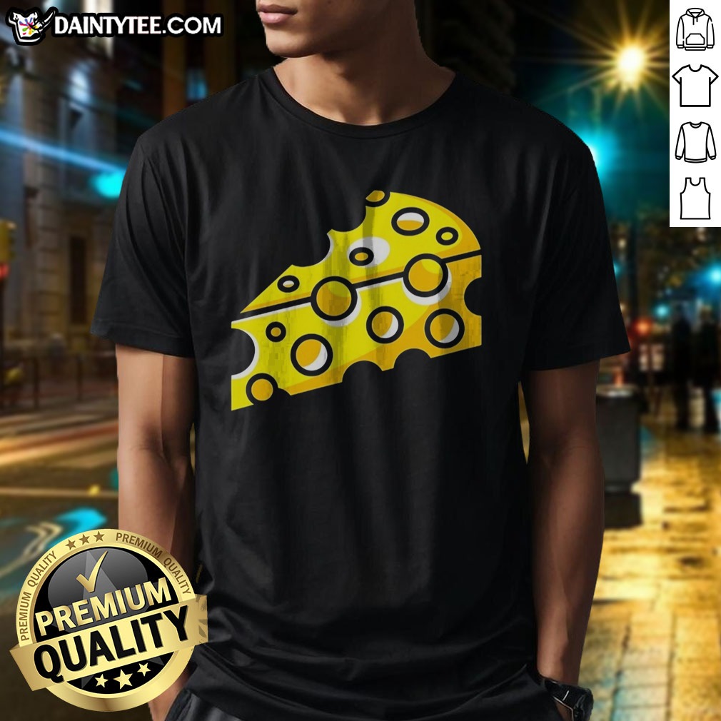 funny-swiss-cheese-hole-yellow-food-slice-dairy-snack-symbol-pattern-culinary-art-shirt-1 Funny Swiss Cheese Hole Yellow Food Slice Dairy Snack Symbol Pattern Culinary Art Shirt displayed on a white background.