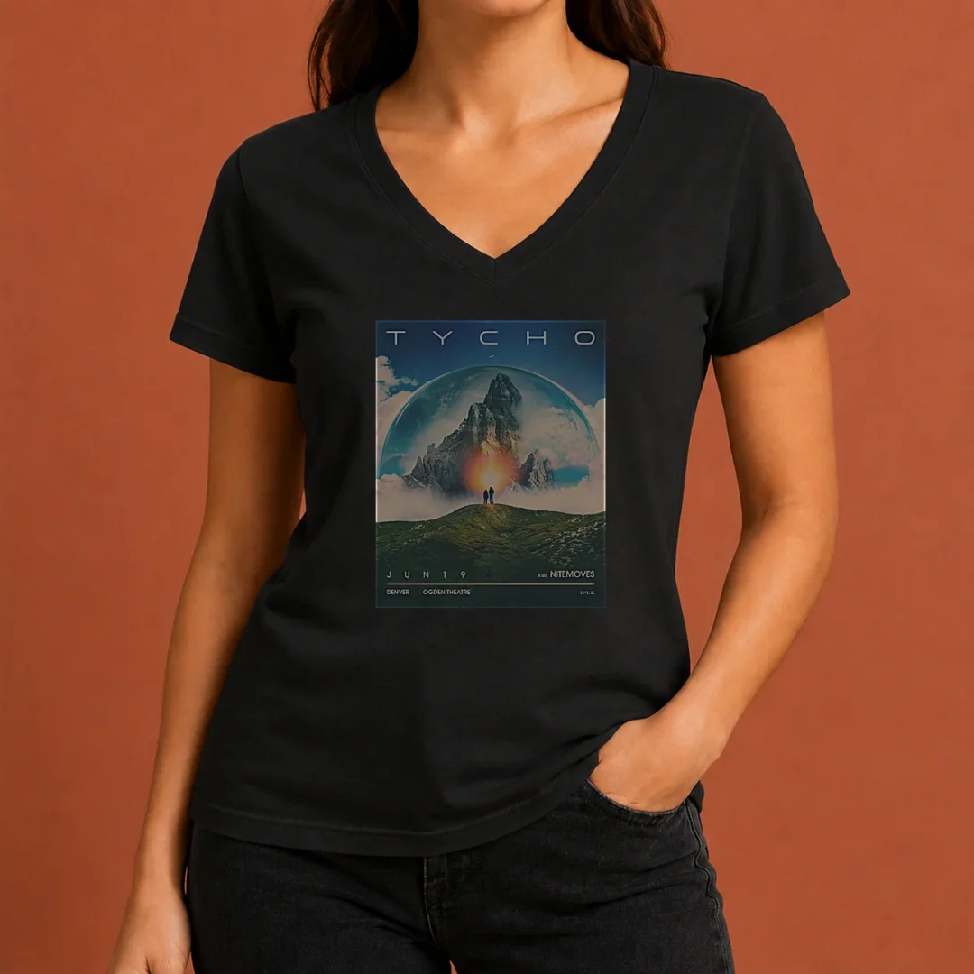 funny-tycho-june-20-2026-in-bellvue-colorado-poster-v-neck-shirt Funny Tycho June 20 2026 In Bellvue Colorado Poster printed on a soft black v neck shirt